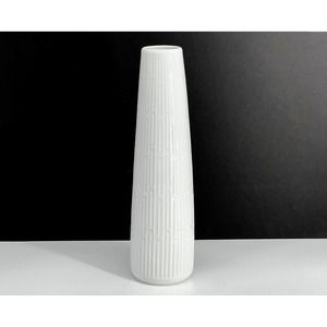 Meissen by Hans Merz Tall White Porcelain Vase with Geometric Pattern Texture